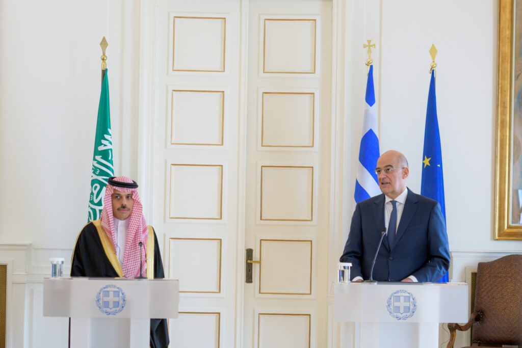 Saudi Arabia FM Faisal Bin Farhan Al-Saud and Nikos Dendias