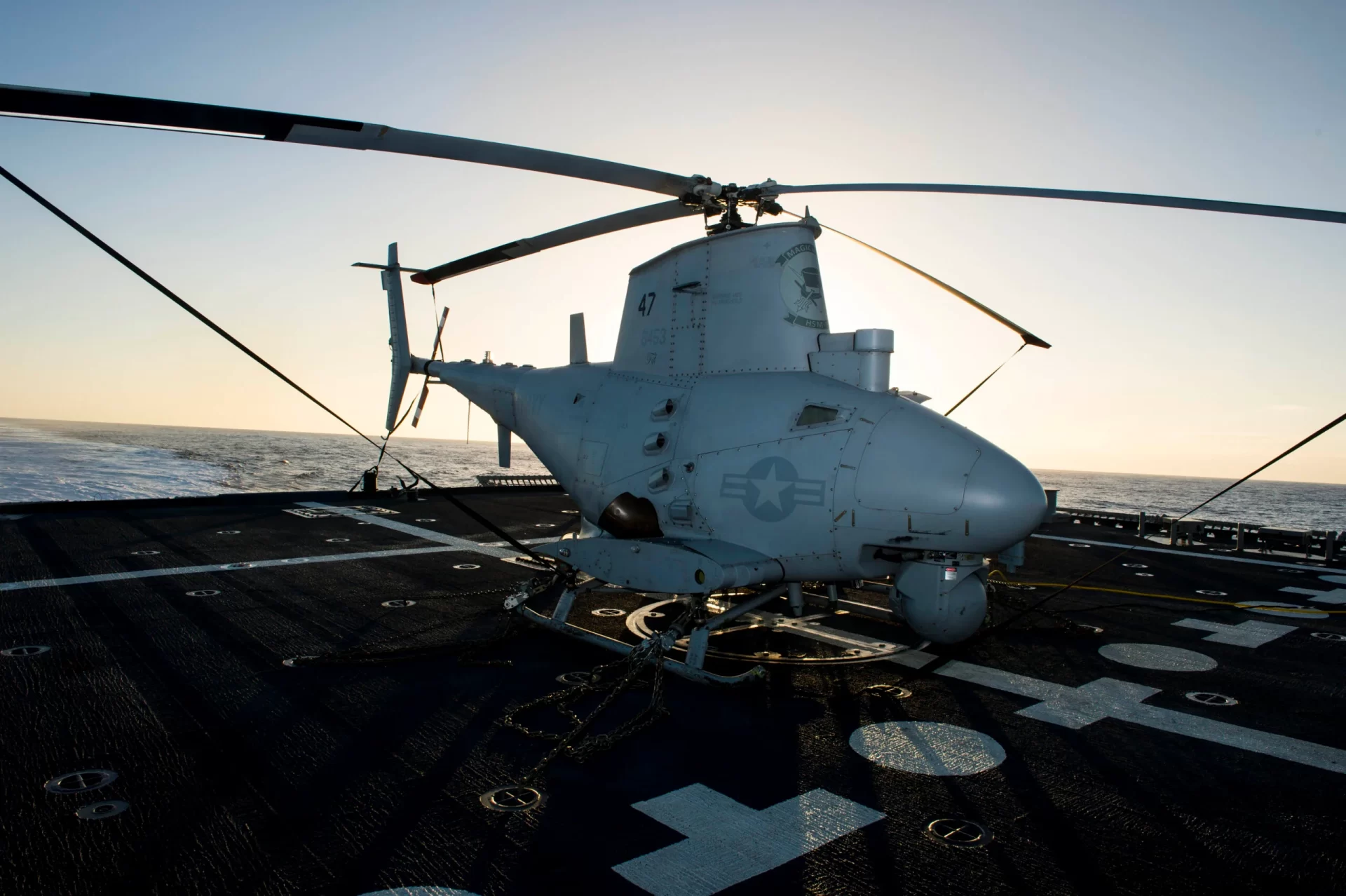 MQ-8B Fire Scout unmanned autonomous helicopter aboard the littoral combat ship USS Fort Worth (LCS-3)