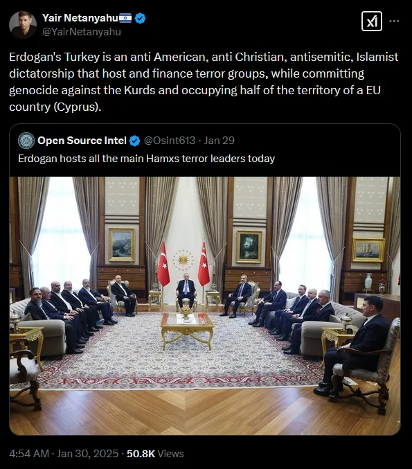 Οργή του γιού Νετανιάχου για Ερντογάν και Τουρκία: Πυρά για Κύπρο, Κούρδους και Χαμάς