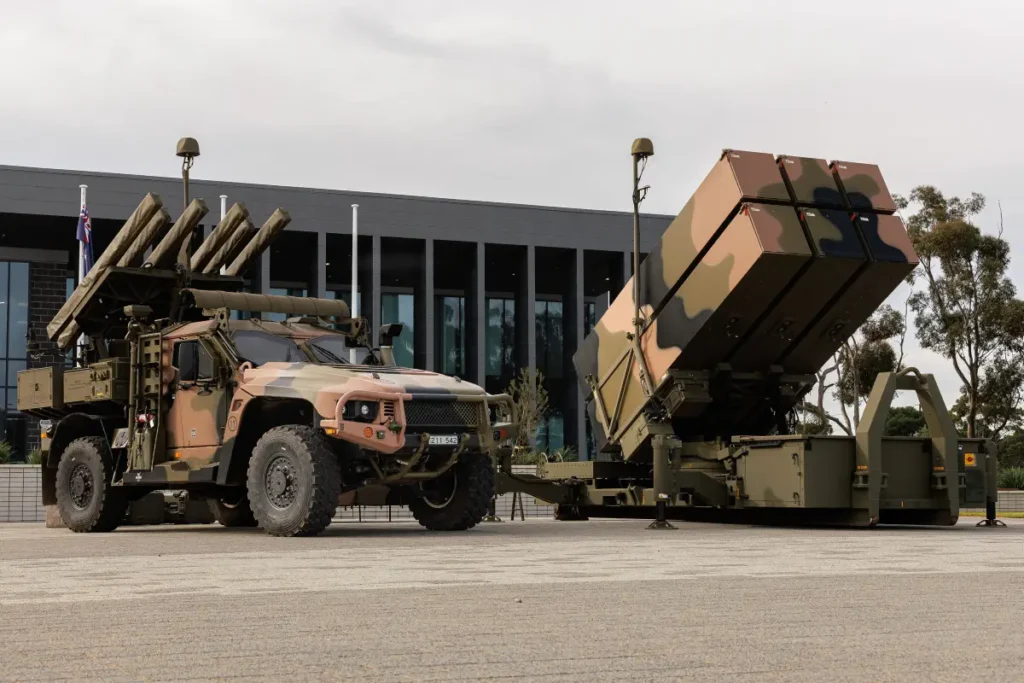 An Australian Army National Advanced Surface to Air Missile System in front of the 16th Regiment, Royal Australian Artillery Headquarters at RAAF Base Edinburgh, South Australia.