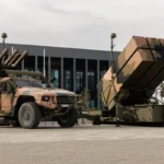 An Australian Army National Advanced Surface to Air Missile System in front of the 16th Regiment, Royal Australian Artillery Headquarters at RAAF Base Edinburgh, South Australia.