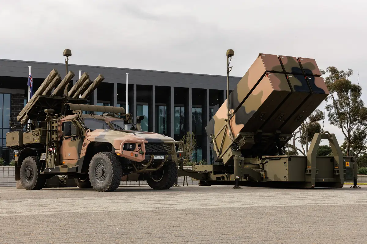 An Australian Army National Advanced Surface to Air Missile System in front of the 16th Regiment, Royal Australian Artillery Headquarters at RAAF Base Edinburgh, South Australia.