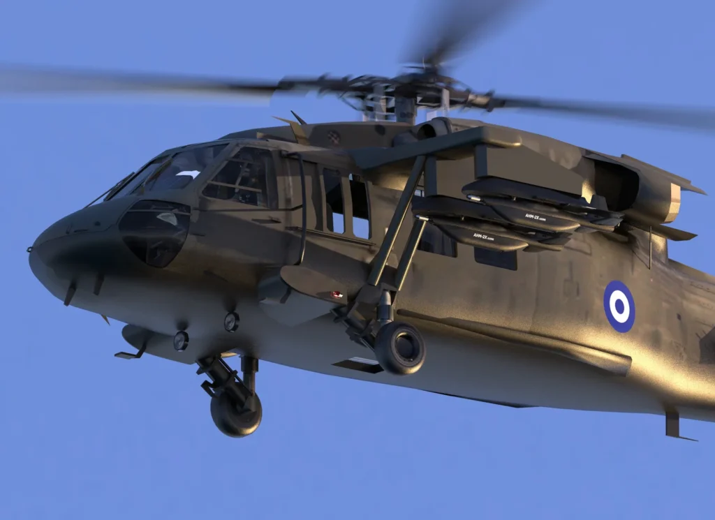 Απεικόνιση ελικοπτέρου Black Hawk με ελληνικά διακριτικά που φέρει AHM-2X σε pylon άφεσης