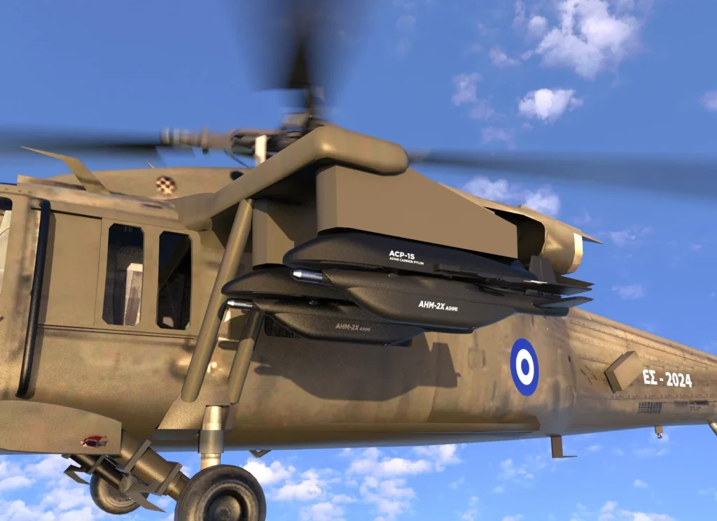 Κοντινή λήψη AHM-2X σε pylon ελικοπτέρου Black Hawk