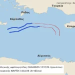 Χάρτης της Ανατολικής Μεσογείου με μπλε γραμμές νότια της Κάσου και της Καρπάθου και κόκκινες γραμμές που συνεχίζουν προς την Κύπρο