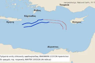 Χάρτης της Ανατολικής Μεσογείου με μπλε γραμμές νότια της Κάσου και της Καρπάθου και κόκκινες γραμμές που συνεχίζουν προς την Κύπρο