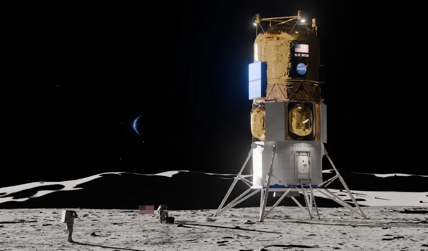 Καλλιτεχνική απεικόνιση της σεληνακάτου Blue Moon Mark 2 της Blue Origin στην επιφάνεια της Σελήνης, με αστροναύτες και σημαία των ΗΠΑ