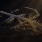 Ψηφιακή απεικόνιση μη επανδρωμένου αεροσκάφους κάθετης απογείωσης και προσγείωσης της Barzan Holdings σε σκούρο φόντο