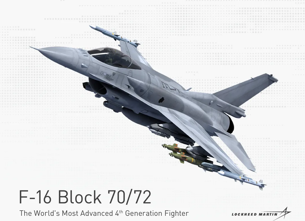 Εξώφυλλο ενημερωτικού υλικού της Lockheed Martin με απεικόνιση F-16 Block 70/72