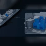 Ψηφιακή απεικόνιση φρεγάτας κλάσης F125 με νέους εκτοξευτές πυραύλων IRIS-T SLM στο κατάστρωμα, σε μεγέθυνση