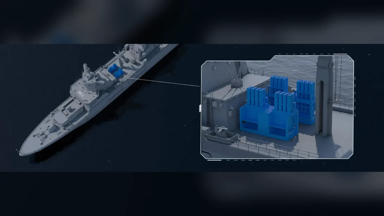 Ψηφιακή απεικόνιση φρεγάτας κλάσης F125 με νέους εκτοξευτές πυραύλων IRIS-T SLM στο κατάστρωμα, σε μεγέθυνση