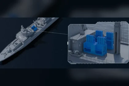 Ψηφιακή απεικόνιση φρεγάτας κλάσης F125 με νέους εκτοξευτές πυραύλων IRIS-T SLM στο κατάστρωμα, σε μεγέθυνση