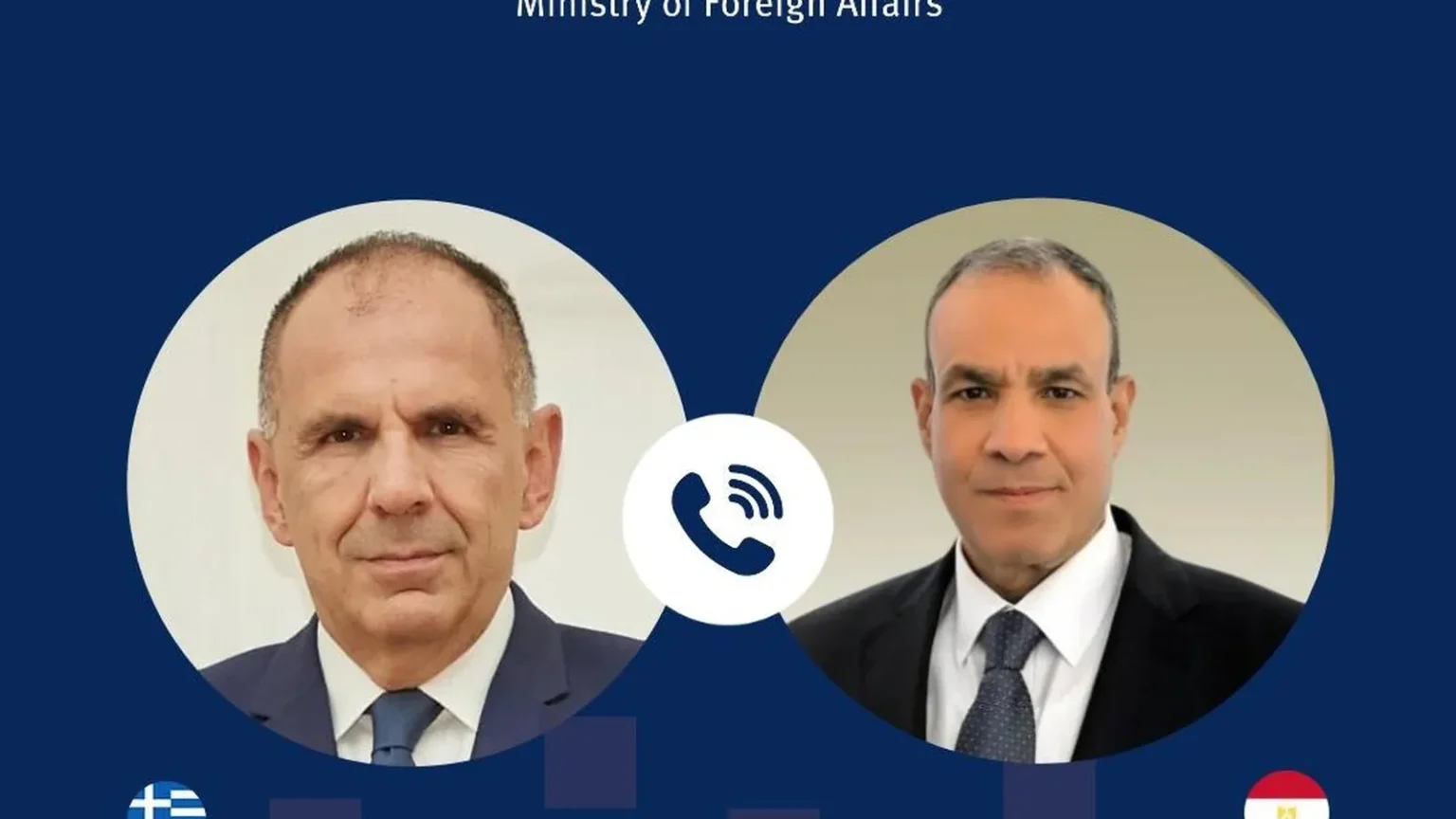 Κάρτα του υπουργείου Εξωτερικών με τα πορτρέτα του Γιώργου Γεραπετρίτη και του Μπαντρ Αμπντελάτι και εικονίδιο τηλεφώνου ανάμεσά τους