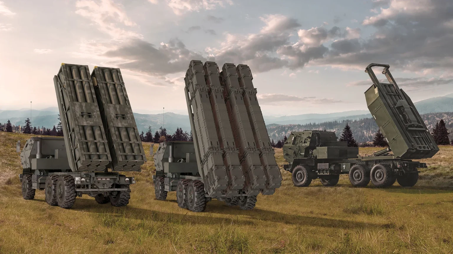 Τρεις εκτοξευτές HIMARS FLEX με κάνιστρα ρουκετών, PAC-3 και PrSM