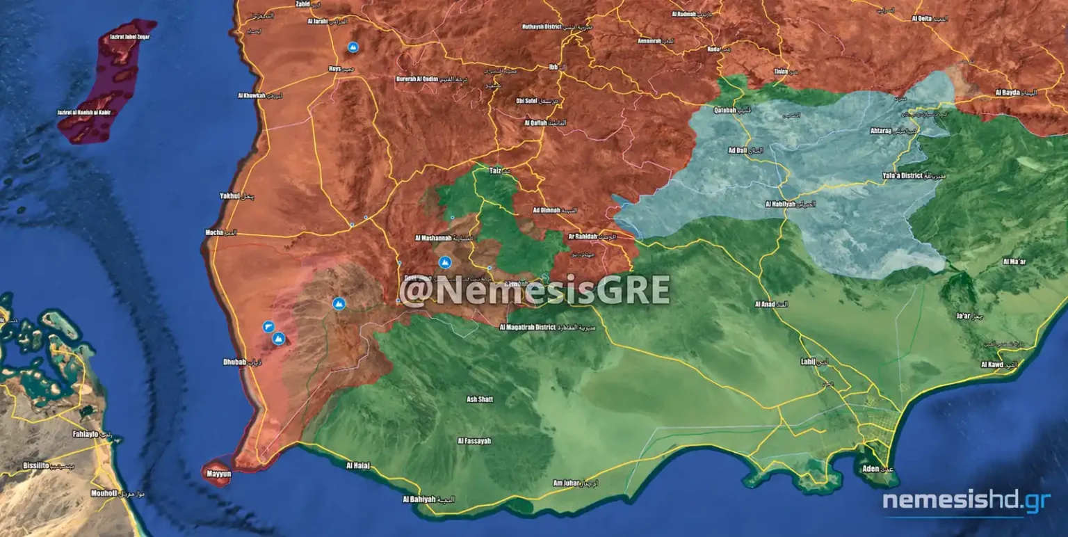 Χούθι Ταΐζ Άντεν – Χάρτης ελέγχου και οδικού άξονα στην Υεμένη