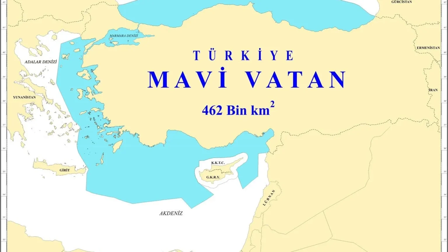 Τουρκικός χάρτης με την επιγραφή Türkiye Mavi Vatan 462 Bin km2 και γαλάζιες ζώνες στο Αιγαίο, στη Μεσόγειο και στη Μαύρη Θάλασσα
