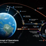 Γράφημα της NASA για το επιχειρησιακό σχέδιο της σεληνακάτου Blue Moon Mark 2 της Blue Origin: εκτόξευση βαθμίδων μεταφοράς και σεληνακάτου, ελλειπτική πολική τροχιά γύρω από τη Σελήνη, σύνδεση με τον Orion και επιστροφή του πληρώματος