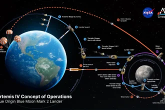 Γράφημα της NASA για το επιχειρησιακό σχέδιο της σεληνακάτου Blue Moon Mark 2 της Blue Origin: εκτόξευση βαθμίδων μεταφοράς και σεληνακάτου, ελλειπτική πολική τροχιά γύρω από τη Σελήνη, σύνδεση με τον Orion και επιστροφή του πληρώματος