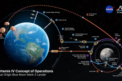 Γράφημα της NASA για το επιχειρησιακό σχέδιο της σεληνακάτου Blue Moon Mark 2 της Blue Origin: εκτόξευση βαθμίδων μεταφοράς και σεληνακάτου, ελλειπτική πολική τροχιά γύρω από τη Σελήνη, σύνδεση με τον Orion και επιστροφή του πληρώματος
