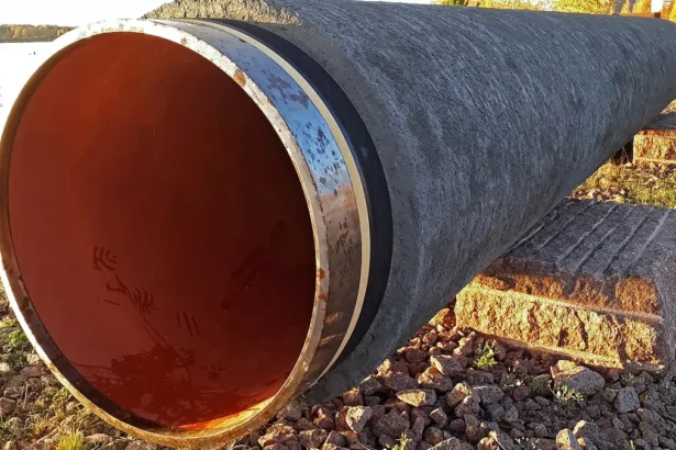 Τμήμα μεγάλου σωλήνα του αγωγού Nord Stream εκτεθειμένο σε υπαίθριο χώρο