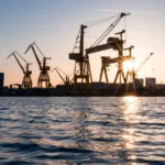 Γερανοί ναυπηγείου σε σιλουέτα στο ηλιοβασίλεμα, με τη θάλασσα σε πρώτο πλάνο