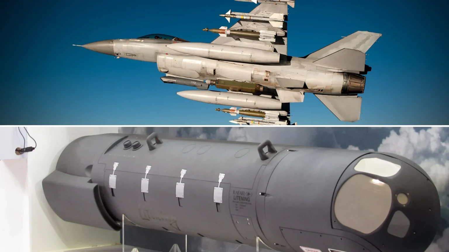 Sniper ή Litening 5: πάνω F-16 με ατρακτίδιο στόχευσης σε πτήση, κάτω ομοίωμα του ατρακτιδίου Litening της Rafael