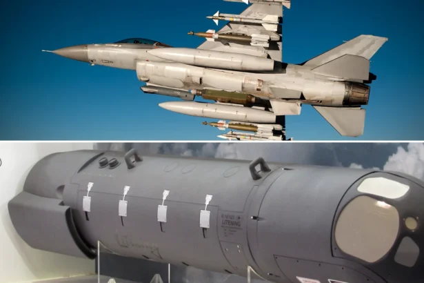 Sniper ή Litening 5: πάνω F-16 με ατρακτίδιο στόχευσης σε πτήση, κάτω ομοίωμα του ατρακτιδίου Litening της Rafael