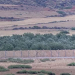 Συρματοπλέγματα και φράχτης διασχίζουν ξηρή πεδιάδα με ελαιόδεντρα στα σύνορα Μαρόκου και Αλγερίας