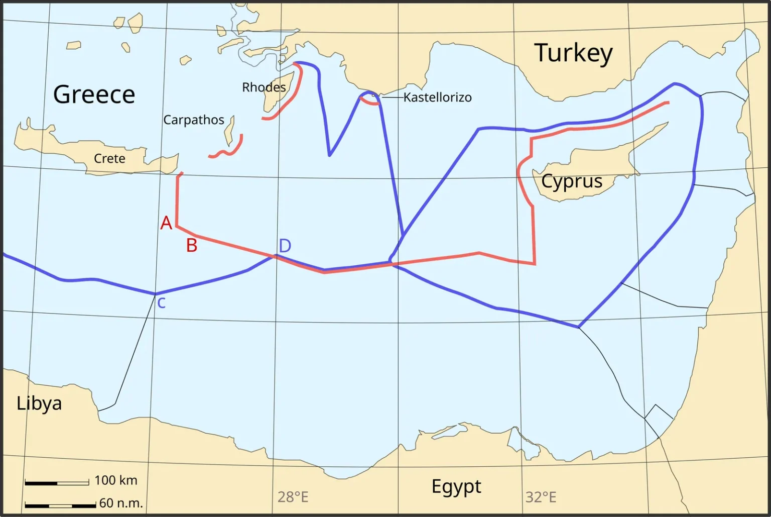 Χάρτης της Ανατολικής Μεσογείου με τη γραμμή του τουρκολιβυκού μνημονίου και τη συμφωνία Ελλάδας–Αιγύπτου