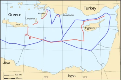 Χάρτης της Ανατολικής Μεσογείου με τη γραμμή του τουρκολιβυκού μνημονίου και τη συμφωνία Ελλάδας–Αιγύπτου